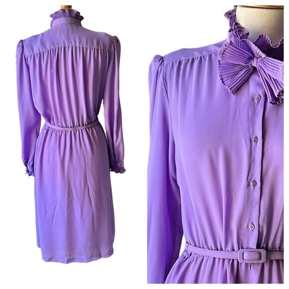 Vintage Lavender Purple Ruffle High Neck 1980s Victorian inspired Midi Dress - L - Picture 3 of 11